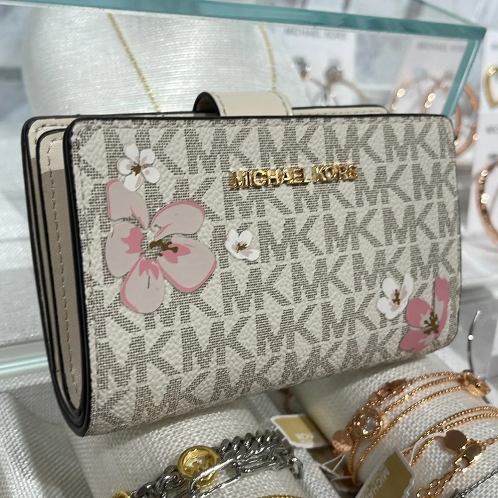 Michael Kors Jet Set Medium Floral Embellished Signature Logo Bi-fold Wallet NWT